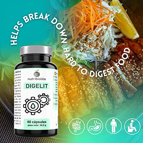 DIGELIT - Complejo de enzimas digestivas potentes y extractos de plantas. Bromelina, DigeZyme y extractos de Hinojo, Jengibre y Genciana. Para mejorar la digestión y el tránsito intestinal. Vegano.