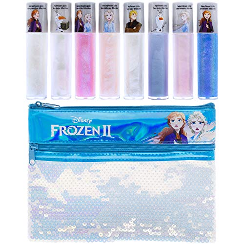 Disney Frozen - Townley Girl Juego De Brillo De Labios Anna Y Elsa Con Bolsa De Lentejuelas, Edades 3+ - Paquete De 9 |Conjunto De Brillo|