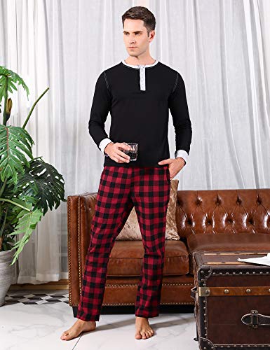 Doaraha Pijamas Hombre Invierno Ropa de Dormir Algodón Pijama Manga Larga Camiseta y Pantalones Cuadros Celosía Cuello Abotonado Suave Cómodo 2 Piezas (A# Negro - Manga Larga, S)