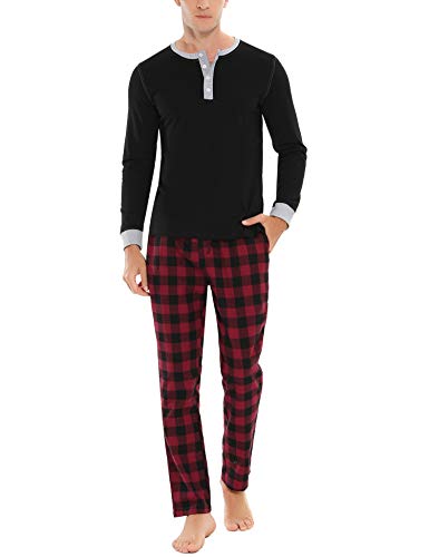 Doaraha Pijamas Hombre Invierno Ropa de Dormir Algodón Pijama Manga Larga Camiseta y Pantalones Cuadros Celosía Cuello Abotonado Suave Cómodo 2 Piezas (A# Negro - Manga Larga, S)