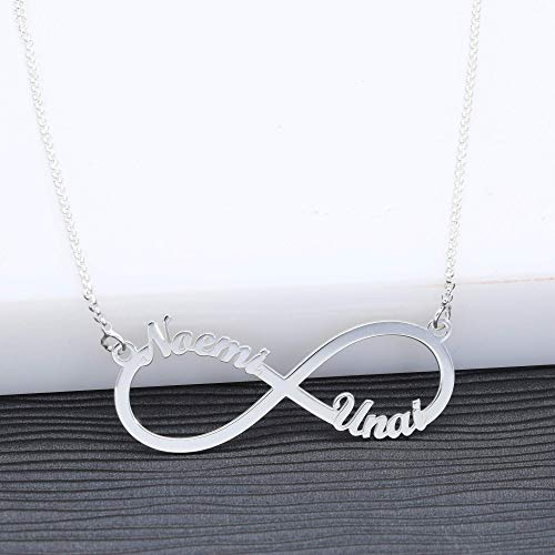 doble aro Collar Personalizado Infinito con Nombre - Colgante de Plata de Ley 925/1000 para Mujer con Cadena Forzada en 45cm + 3cm de Alargador - Personalizado con 1 a 4 Nombres - Collar Infinito