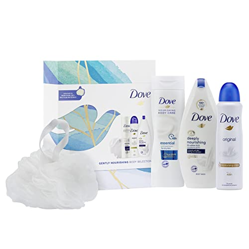 Dove Selección corporal suavemente nutritiva que incluye desodorante original Dove para mujeres y un lujoso juego de regalo de hojaldre de ducha regalos festivos para ella 3 piezas