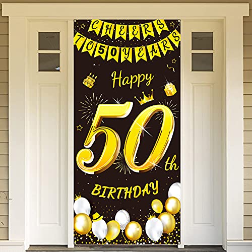 DPKOW Oro Negro 50 Años Cumpleaños Decoración para Hombre Mujer, Oro Negro Pancarta para 50 Cumpleaños Puerta Fondo Decoración, para 50 Años Cumpleaños Mesa Jardín Decoración, 185 x 90cm