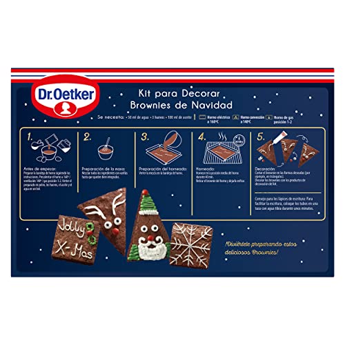 Dr. Oetker Kit Brownies Navidad. Incluye Preparado Para Brownies, Molde, Ojos De Azúcar, Grajeas Al Cacao Y Lápices Pasteleros Blanco Y Verde
