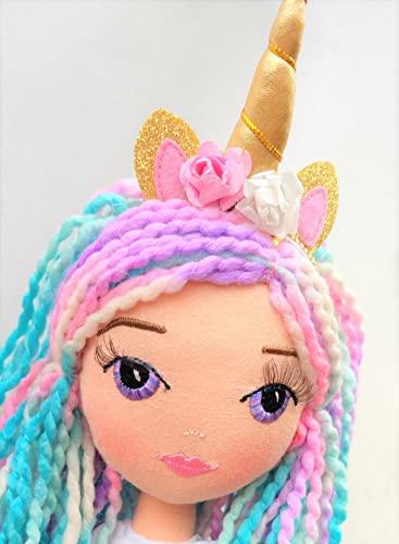 DRIMYDOLLS - Muñeca Unicornio de Trapo Suave Niñas, Blandita, Hecha a Mano, Muñeca de Moda 43 CM, en Tela, Ojos Arcoiris, Vestido Princesa Fantasía, Colección Iris, Exclusiva, Diseño, Regalo Original