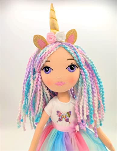 DRIMYDOLLS - Muñeca Unicornio de Trapo Suave Niñas, Blandita, Hecha a Mano, Muñeca de Moda 43 CM, en Tela, Ojos Arcoiris, Vestido Princesa Fantasía, Colección Iris, Exclusiva, Diseño, Regalo Original