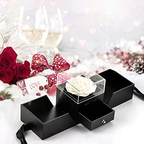 E-MANIS Rosa Eterna Caja de Joyería Preservadas a Mano Bella y La Bestia, San Valentin Novia Regalos para Bodas de Oro Aniversario Pareja Originales para Mujer tu Madre Cumpleaños Navidad (Blanco)