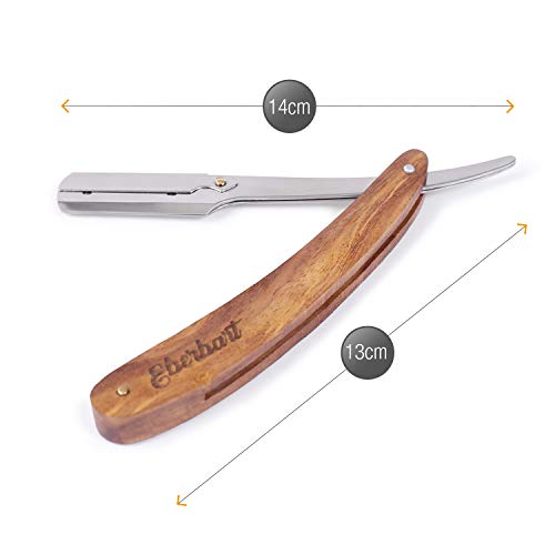 Eberbart Navaja Afeitar Barbero - Cuchilla de afeitar de acero inoxidable con cuchillas intercambiables y elegante mango de madera de palo rosa para un afeitado rápido y profesional