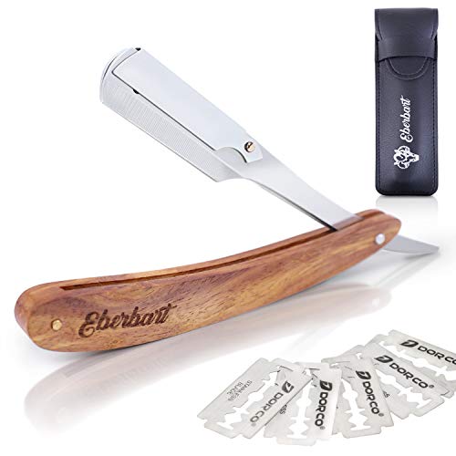 Eberbart Navaja Afeitar Barbero - Cuchilla de afeitar de acero inoxidable con cuchillas intercambiables y elegante mango de madera de palo rosa para un afeitado rápido y profesional