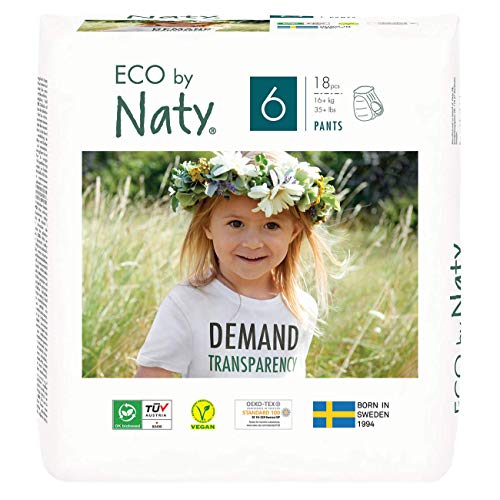 Eco by Naty, Pants, Talla/Tamaño 6, 18 pañales, 16 kg, Pañales Pants Ecológicos Premium Hechos A Base de fibras Vegetales. sin Sustancias Nocivas