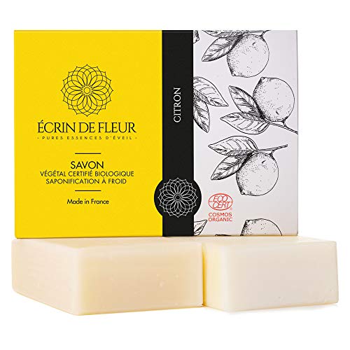 Écrin De Fleur | Jabón de Limón | Certificado Orgánico | Hecho a Mano en Francia | Aroma Natural y Refrescante | Jabón Corporal y Facial | Saponificación en Frio | sin Aceite de Palma | 2 x 100g