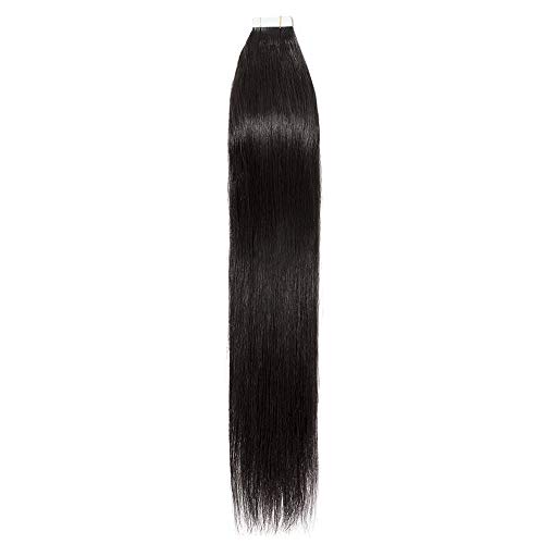 Elailite Extensiones Adhesivas Pelo Natural Naturales sin Clip Cabello Humano Liso 100% Remy con Tape 20 Mechas 50cm (50 g) #1B Negro Natural