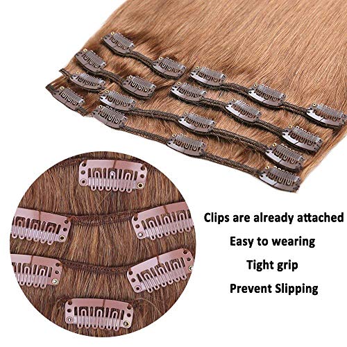 Elailite Extensiones de Clip de Pelo Natural Dibujo Doble (Consejos Completos) 100% Remy Cabello Humano 8 Piezas Largas 25cm 70g #06 Castaño Claro