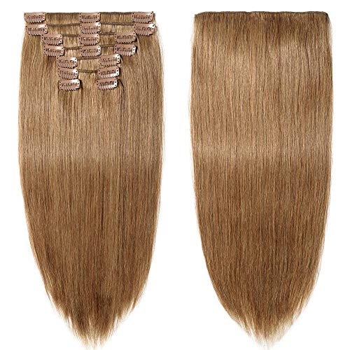 Elailite Extensiones de Clip de Pelo Natural Dibujo Doble (Consejos Completos) 100% Remy Cabello Humano 8 Piezas Largas 25cm 70g #06 Castaño Claro