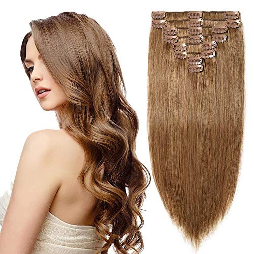 Elailite Extensiones de Clip de Pelo Natural Dibujo Doble (Consejos Completos) 100% Remy Cabello Humano 8 Piezas Largas 25cm 70g #06 Castaño Claro