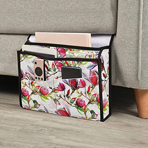 Emelivor Organizador de mesita de noche con flores Magnolia, organizador de almacenamiento para literas, dormitorios, cama de hospital para tableta, revistas, teléfonos remotos, libros