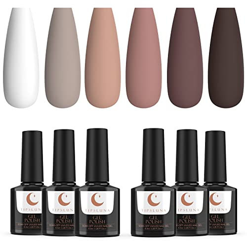 Esmaltes Semipermanentes de Uñas 6 Colores, TipsLuna Kit de Esmalte de Uñas en Gel 8.5ml, Beige, Marrón, UV LED Esmaltes de Gel Soak Off Navidad, Año Nuevo - Cuando el Tiramisú Se Une al Capuchino