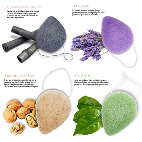 Esponjas faciales orgánicas de Konjac asociadas con té verde, carbón vegetal, lavanda y cáscaras de nuez | Juego de 4 esponjas en forma de gotas | Esponja vegetal limpiadora natural