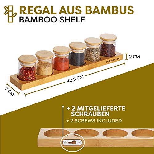 Estante de 42,5 cm con 6 Botes de Cristal para Especias de 120ml - 10 Etiquetas - Hermeticos - Aptos para Lavavajillas