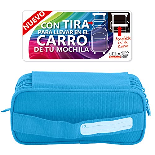 Estuche Portatodo Triple de Amplios Apartados Interiores con Tres Cremalleras para Material Escolar o Neceser. Azul Claro