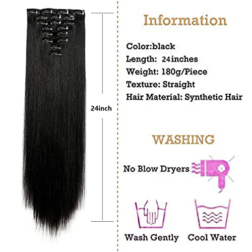 Extensiones de Cabello Natural Negra 24pulgadas 8piezas 18Clips Extensiones de Clip de pelo Natural Cabeza Completa en de Cabello Lacio Extensiones sintéticas Conjunto de Para Mujeres