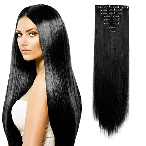 Extensiones de Cabello Natural Negra 24pulgadas 8piezas 18Clips Extensiones de Clip de pelo Natural Cabeza Completa en de Cabello Lacio Extensiones sintéticas Conjunto de Para Mujeres