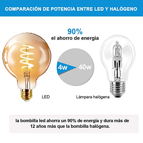 EXTRASTAR Bombilla LED Vintage Edison, G125SP 6W E27 Blanco cálido 2200K Bombilla Edison Bombillas de estilo retro vintage Bombilla de filamento de luz decorativa 2 Unidades (Paquete de 1)