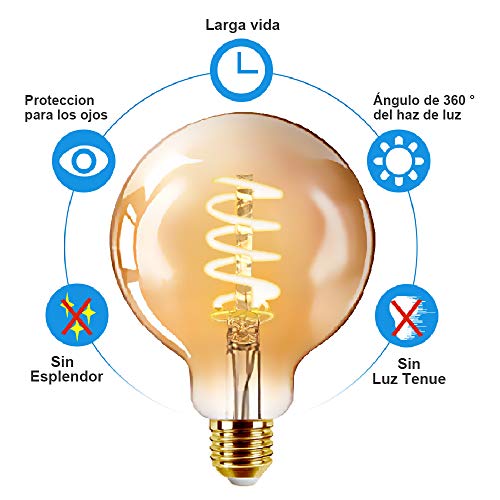 EXTRASTAR Bombilla LED Vintage Edison, G125SP 6W E27 Blanco cálido 2200K Bombilla Edison Bombillas de estilo retro vintage Bombilla de filamento de luz decorativa 2 Unidades (Paquete de 1)