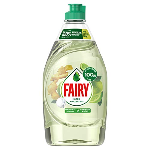 Fairy Detergente (430 ml) 100% natural aroma de bergamota y jengibre con fórmula eficaz para vajilla limpia y desengrasante.