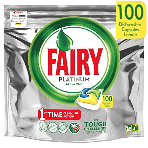 Fairy Platinum - Pastillas para lavavajillas todo en uno, 100 cápsulas de limón, limón, pastillas para lavavajillas en pack ahorro