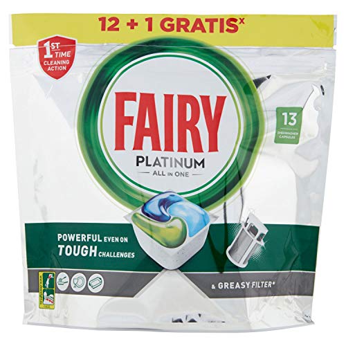 Fairy Platinum Todo en Uno Normal cápsulas de Lavavajillas, 13 cápsulas, para los restos más difíciles, limpia incluso la grasa de los filtros