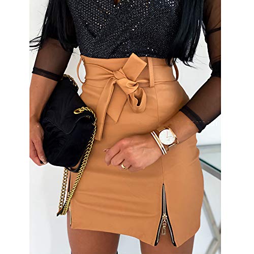 Falda Corta de Cuero Verano para Mujer Mini Falda Ajustada de Piel Sintética de Color Liso Falda Sexy y Elegante de Cintura Alta con Cremallera para Mujer (Marrón, XXL)