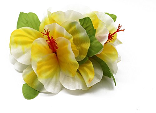 Fiesta de Hawaii Luau Artificial Tela Doble grande Hibisco Pinzas de cabello Blanco con borde amarillo