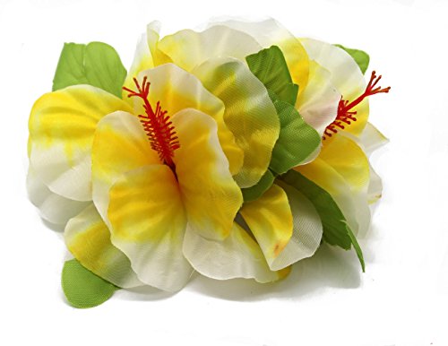 Fiesta de Hawaii Luau Artificial Tela Doble grande Hibisco Pinzas de cabello Blanco con borde amarillo