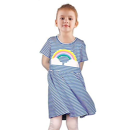FILOWA Vestidos para Niña Arco Iris Estampados Azul Rayas Algodon Manga Corta Verano Casual Baratos Camiseta Vestidos Infantil 6-7 años, 7T