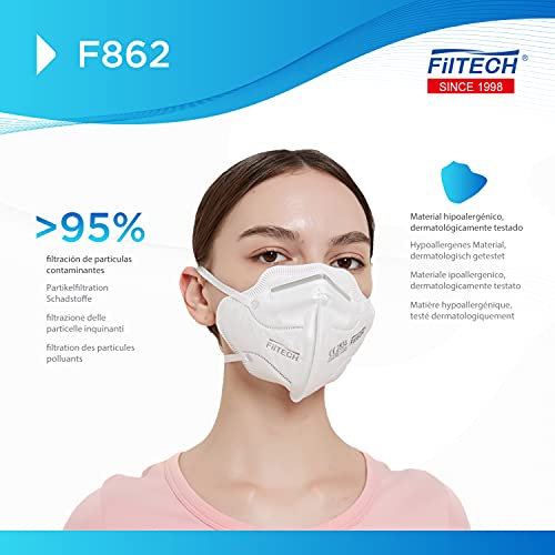 Filtech Mascarilla FFP2 | F862 | 50 Unidades | Certificado Europeo | CE 2834 | Homologadas | 5 capas de protección | >96% Filtración | NR Desechables