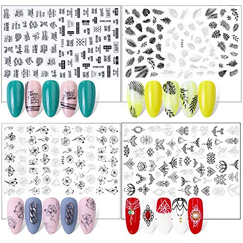 FLOFIA Pegatinas Uñas Adhesivas Plumas Flores Flamenco Hoja Planta Blanco y Negro Calcomanía Uñas Animal Tatuaje Uñas Nail Art Stickers para Decoración Manicura DIY