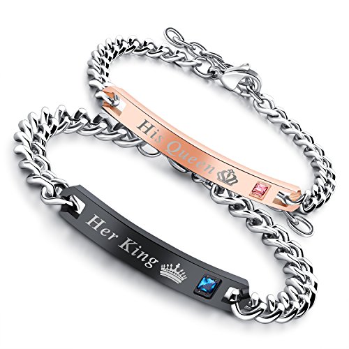 Flongo Pulseras para Parejas, Brazaletes de Parejas, de Acero Inoxidable Pulseras de Amor, Color Negro Oro Rosa, Los Enamorados Regalo para San Valentín/Navidad, Un par…