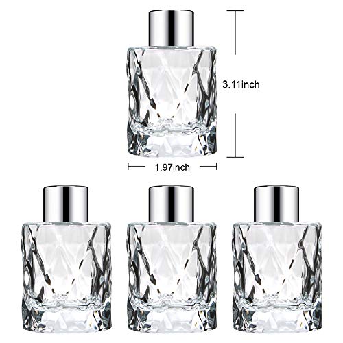 Frandy House Paquete de 4 botellas difusoras de vidrio | soportes de varillas de aceite esencial | redondo 50 ml 50 ml elegante diseño de diamante | calidad premium