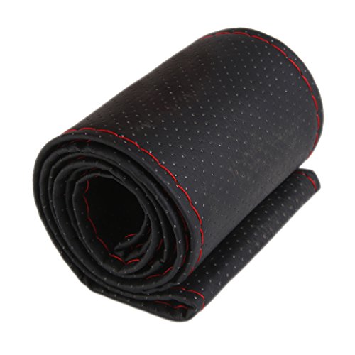 Funda Cubierta de Volante Coche Bricolaje Cuero Artificial Agujas Hilo Rojo Negro