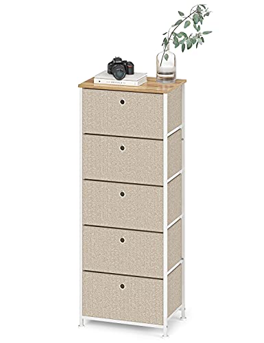 Gabinete de Almacenamiento Cajonera con 5 Cajónes Almacenaje Armario Alto Estrecho Organizador Cómoda de Tela Vertical para Cocina Dormitorio Entrada Salon Pasillo Madera Metal Blanco y Beige