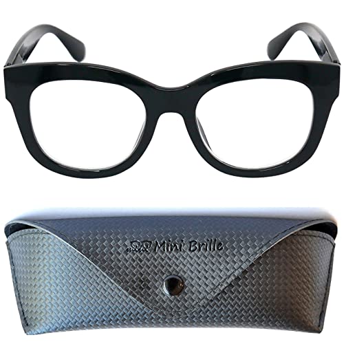 Gafas de Lectura Retro con Grandes Lentes, Funda Gratis, Montura Gruesa el Plástico (Negra) con Bisagra de Resorte, Gafas Mujer y Hombre +2.0 Dioptrías