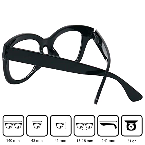 Gafas de Lectura Retro con Grandes Lentes, Funda Gratis, Montura Gruesa el Plástico (Negra) con Bisagra de Resorte, Gafas Mujer y Hombre +2.0 Dioptrías