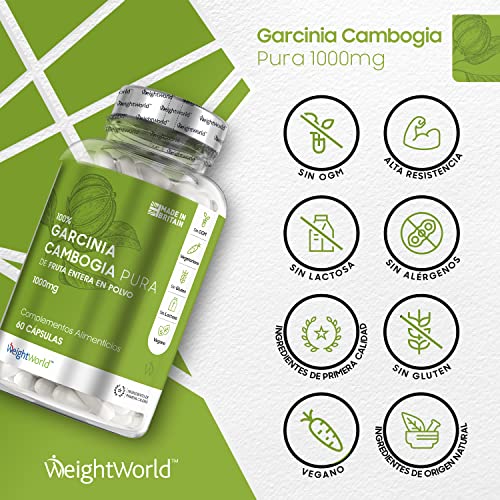 Garcinia Cambogia Pura 60 Cápsulas 1000 mg Vegano - Garcinia Cambogia Natural del Fruto Entero con HCA Natural (Ácido Hidroxicítrico), Suplemento Dietético Sin Gluten ni Lactosa Dieta Keto