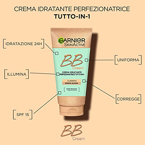 GARNIER Bb Cream Classic Skinactive, para piel uniforme e hidratada, aspecto natural, enriquecida con ácido hialurónico, aloe vera y pigmentos minerales, spf 25, tono medio-oscuro, Classic Medium