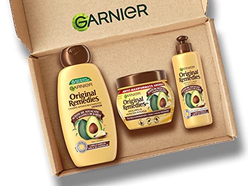 Garnier Original Remedies, Pack Champú, Mascarilla y Crema sin Aclarado para Pelo Rebelde, Nutre Intensamente y Disciplina, Aceite de Aguacate y Manteca de Karité, Set de 3 Productos