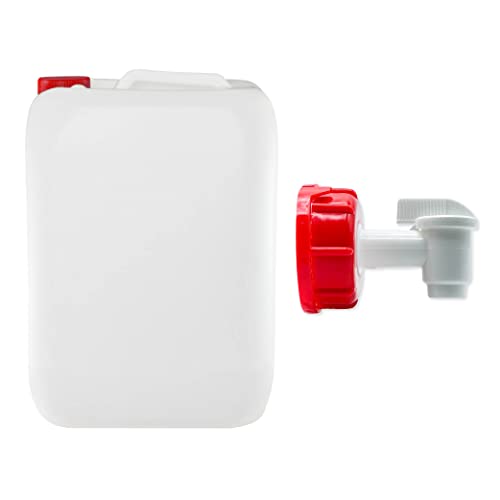 Garrafa bidon de plastico de 25 litros + Grifo para agua homologado ADR boca ancha ideal para agua gasolina y químicos también como deposito para aire acondicionado camping furgoneta camper