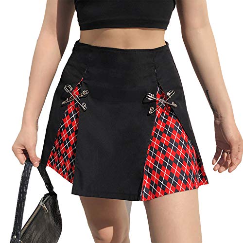 Geagodelia Mini falda de encaje patchwork sexy plisado cintura alta gótica Y2k estética Academy oscuro punk falda, negro/rojo, 36