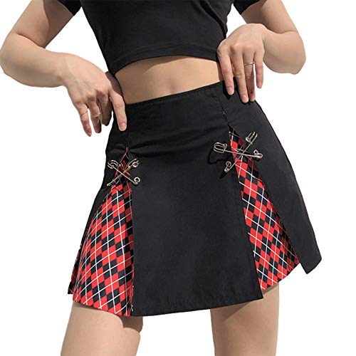 Geagodelia Mini falda de encaje patchwork sexy plisado cintura alta gótica Y2k estética Academy oscuro punk falda, negro/rojo, 36