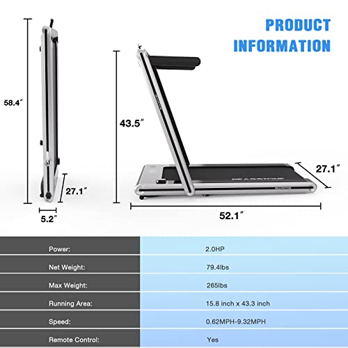GEARSTONE Cinta de Correr Plegable 2 en 1, 2HP Potente Motor, 1-15 km/h con 2 Modos Deportivos Preestablecidos, Táctil/Control Remoto, Cinta de Correr con Bluetooth, Talla única